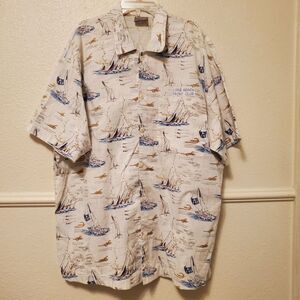Vintage Nautical Button Shirt W/ Pocket Ships All Over Long Beach Yacht Club 2XL